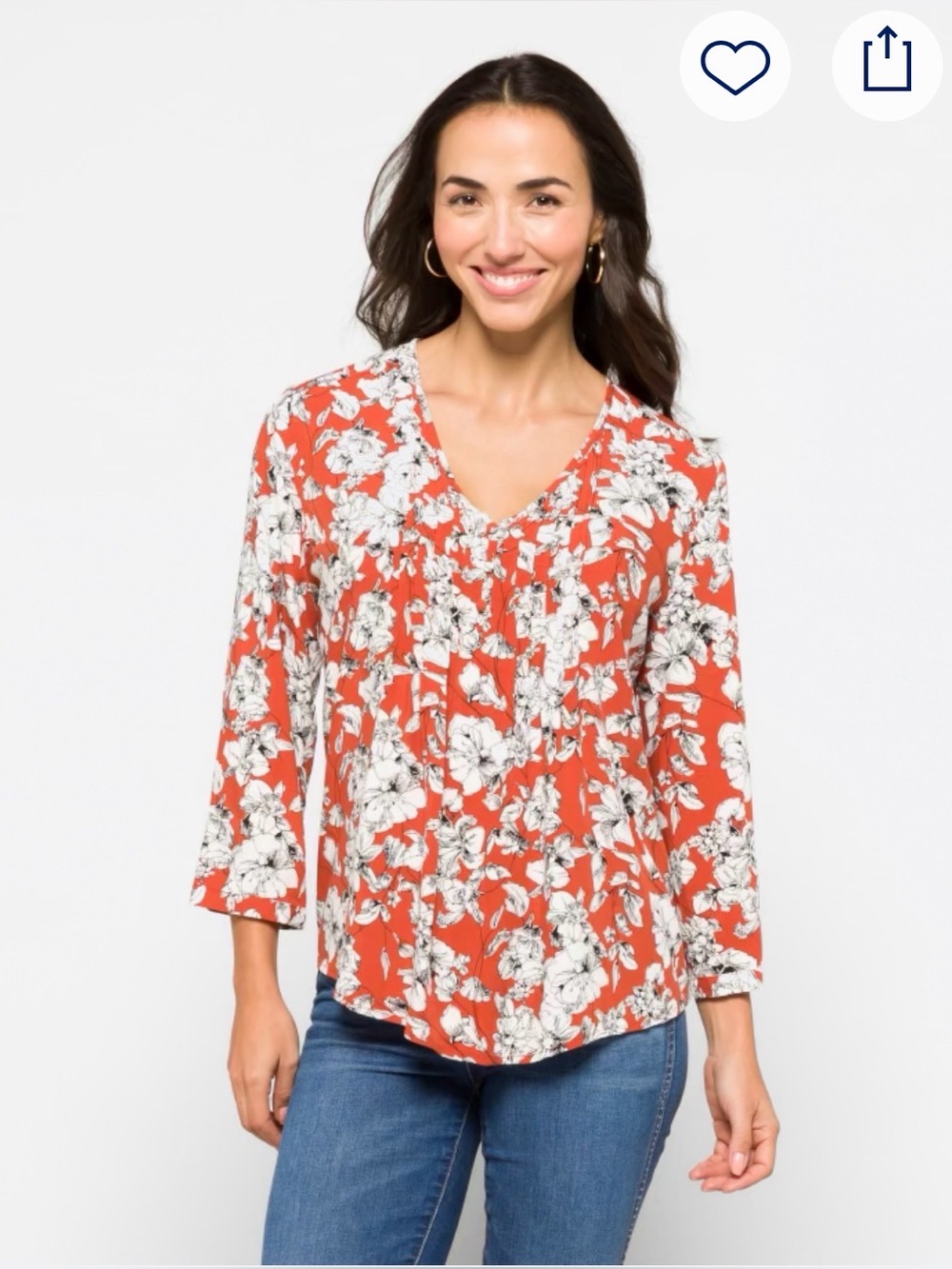 fun 2 fun Rust Floral V-Neck Blouse with White Flowers